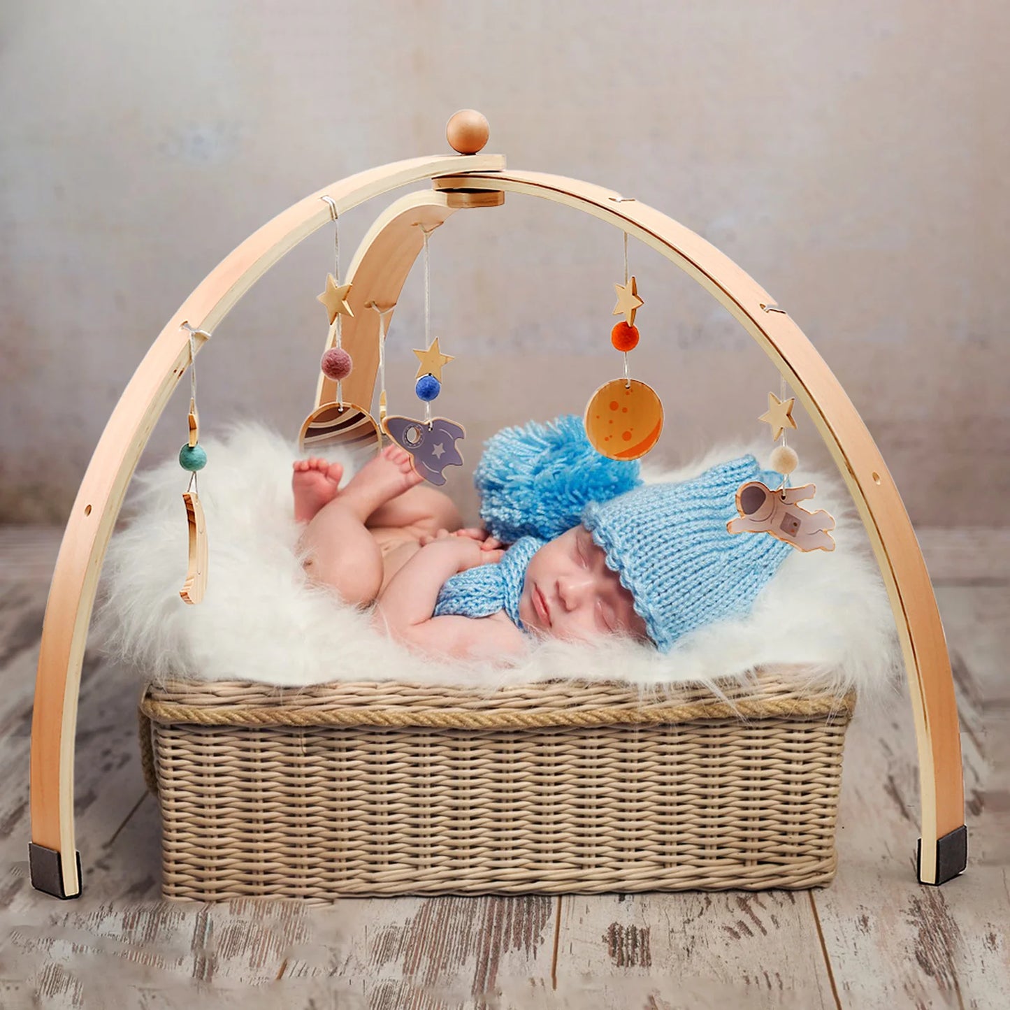 Wooden Baby Play Gym Set - Fitness Rack with Activity Pendants, Mobile Crib Hanger, and Room Decor - Perfect Newborn Gift