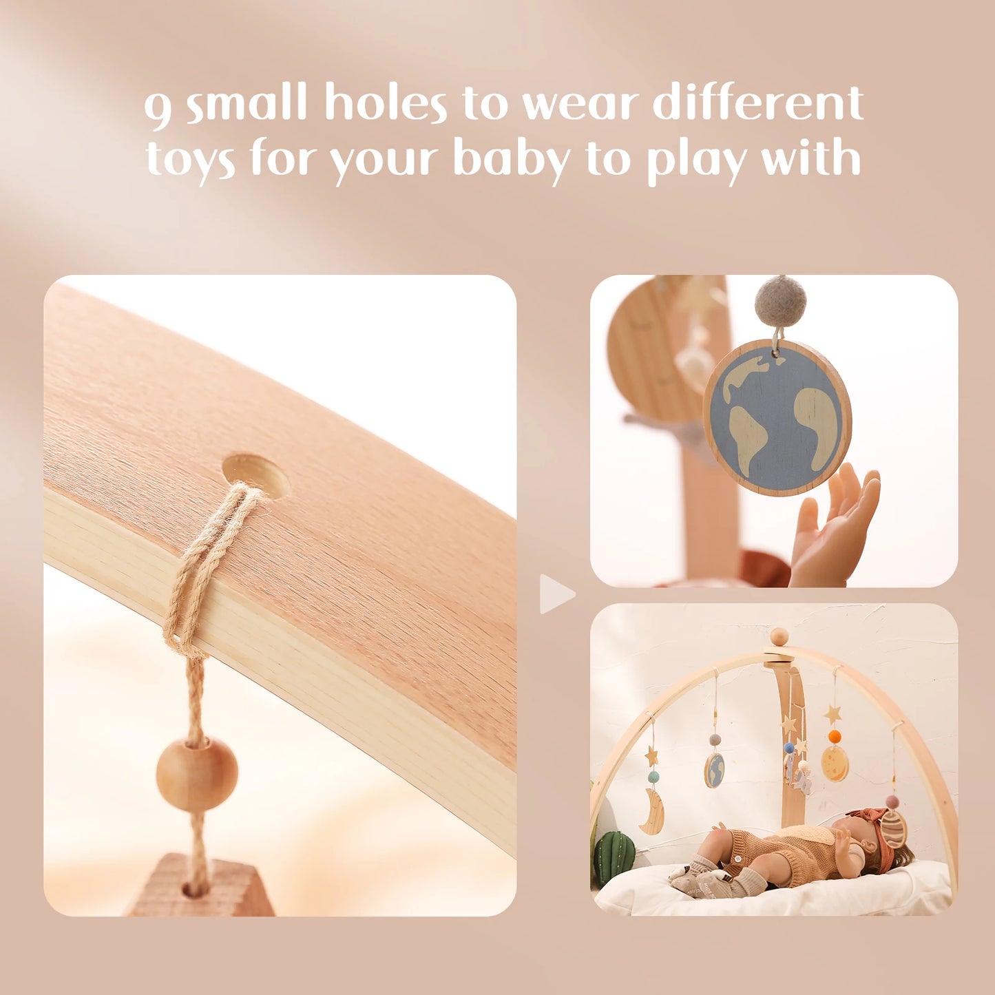 Wooden Baby Play Gym Set - Fitness Rack with Activity Pendants, Mobile Crib Hanger, and Room Decor - Perfect Newborn Gift