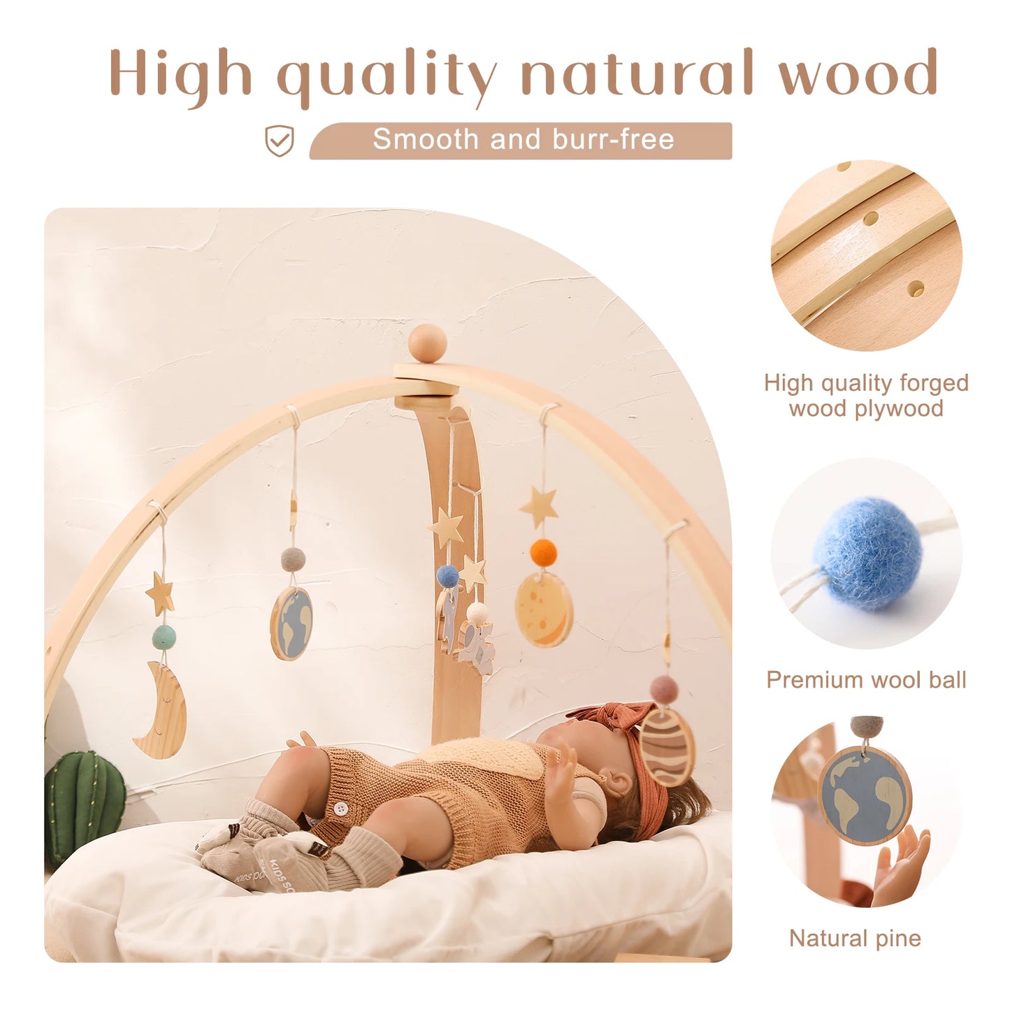 Wooden Baby Play Gym Set - Fitness Rack with Activity Pendants, Mobile Crib Hanger, and Room Decor - Perfect Newborn Gift