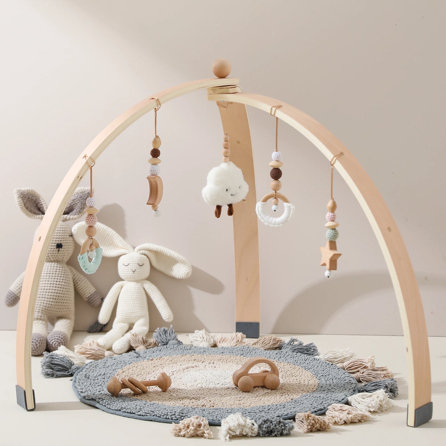 Wooden Baby Play Gym Set - Fitness Rack with Activity Pendants, Mobile Crib Hanger, and Room Decor - Perfect Newborn Gift