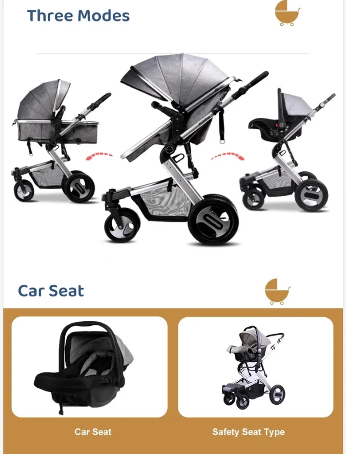 Aluminum stroller with carrycot and car seat  baby pushchair 3 in 1