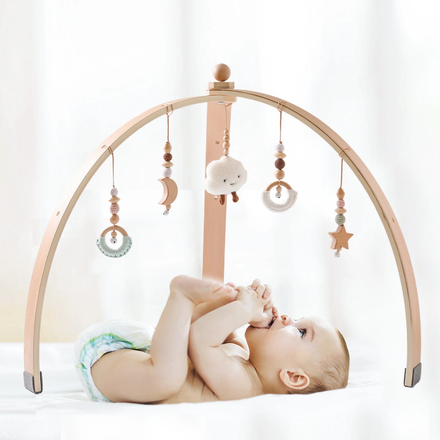 Wooden Baby Play Gym Set - Fitness Rack with Activity Pendants, Mobile Crib Hanger, and Room Decor - Perfect Newborn Gift